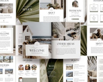 Tropisches AirBnb-Willkommensbuch: 35-seitiger druckbarer Küstenurlaubsordner, neutraler Boho VRBO-Handbuch, bearbeitbare Canva-Vorlage