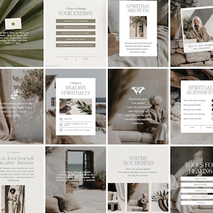 May include: A series of digital graphics in a muted colour scheme, featuring text and images related to spirituality and wellness. The designs include quotes, lists, and illustrations of plants and people. The overall theme is centred around self-care and personal growth.