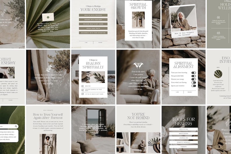 May include: A series of digital graphics in a muted colour scheme, featuring text and images related to spirituality and wellness. The designs include quotes, lists, and illustrations of plants and people. The overall theme is centred around self-care and personal growth.