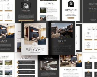 Luxus AirBnb Willkommensbuch Vorlage, Eleganter Wohnungsführer, Schwarz-Gold-Immobilienführer, VRBO-Ferienhaus-Gästebuch