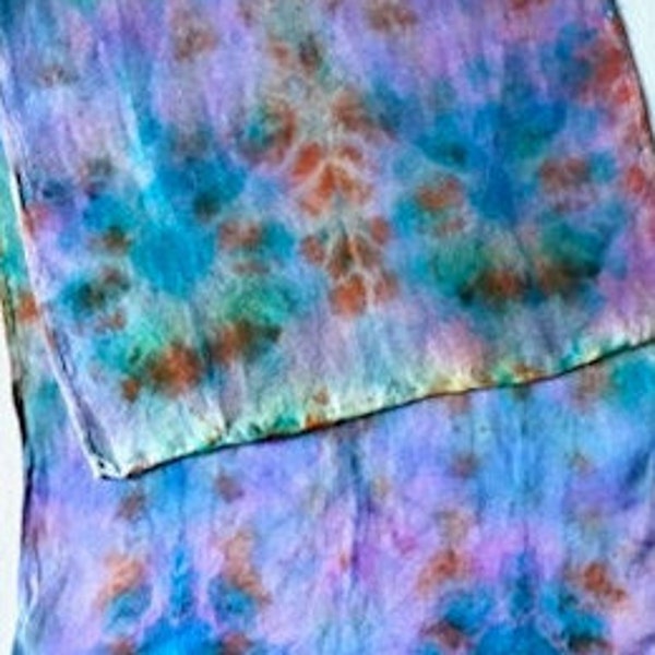 Silk Scarf, Versatile Hair Scarf, Wrist Scarf, Headband 6x24"  Hand Dyed Multicolored Shibori Pattern