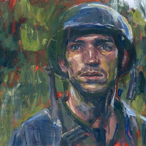 May include: A painting of a soldier in a blue helmet, with a serious expression on his face. The background is a blurry green and red, suggesting a forest setting.