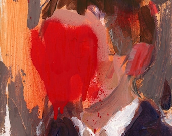 May include: Abstract painting of a person with a red splatter covering their face. The background is a mix of brown, orange, and white.