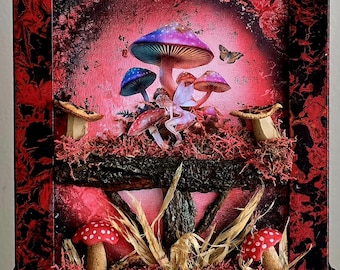 Whimsical Mushroom Fairy Art 8x10 Mixed Media 3D Wall Decor (Framed)