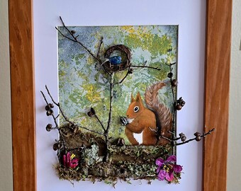 Original Mixed Media Art: Squirrel, Nest, Nature Elements (11x14)