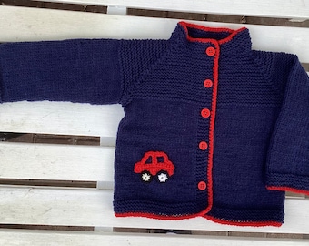 Baby cardigan with car, size 68-74