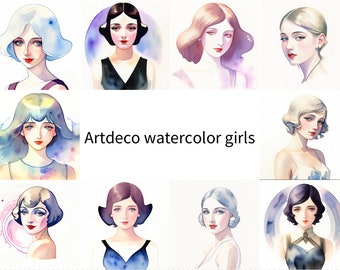 Watercolour art deco girls clipart bundle, art nouveau clipart, retro clipart, gatsby clipart, vintage clipart, retro fashion