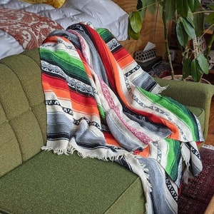 vintage rainbow serape southwest striped blanket with tassles | eclectic bohemian throw blanket