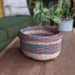 pink + blue round woven wicker basket | boho bohemian eclectic colorful rainbow basket