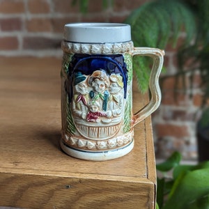 vintage stein | four colonial people + a little forest village mug | antique decorative collectable mug