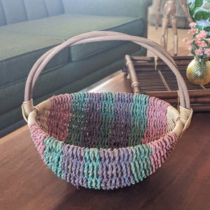 bohemian rainbow woven macrame basket | vintage wicker straw purple + teal + pink handled basket