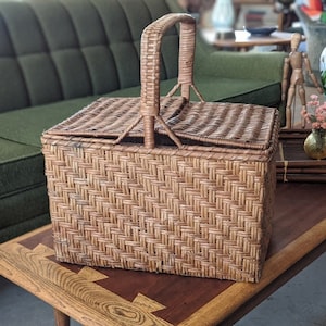 vintage wicker picnic basket | cottage core woven lunch basket with handle | sewing + craft basket