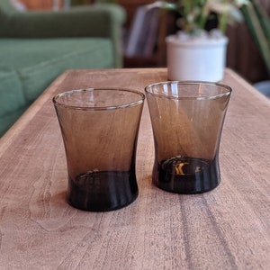 pair of two tawny brown smoke cocktail drinking glasses | boho eclectic mid-century glassware