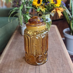 large vintage honey amber orange glass textured jar with lid | bohemian eclectic vase | 1960s le smith kitchen storage canister