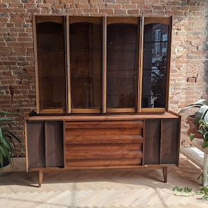 SALE PENDING | lane mid-century two-piece hutch + credenza | vintage wood glass cabinet