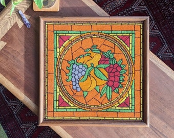 vintage framed stain glass fruit embroidery | retro embroidered orange + grape + peach + pear + berry