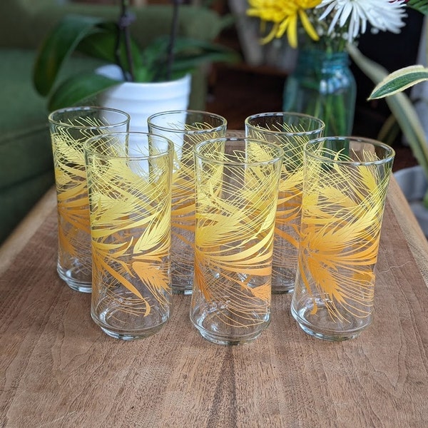 set of six (6) harvest wheat yellow-orange glass tumblers | boho bohemian farmhouse retro kitchen glassware