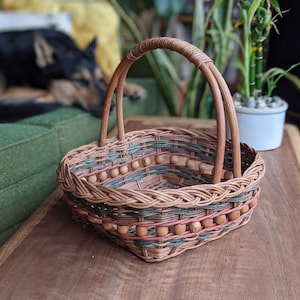 red + green bead wicker basket with handle | bohemian farmhouse rustic country flower gathering wedding basket