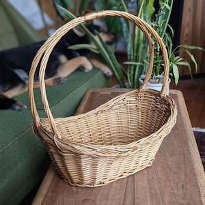 May include: A woven wicker basket with two handles. The basket is oval shaped and has a natural brown color.