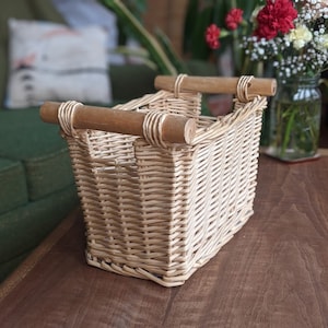 light rectangle wicker basket with wooden roller handles | boho farmhouse natural rattan basket