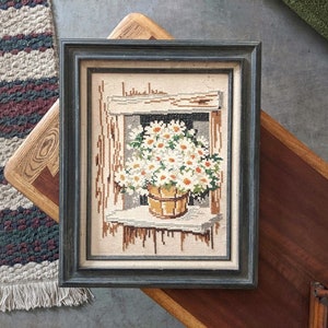 vintage framed flower embroidery | retro floral boho crochet needlepoint crewel