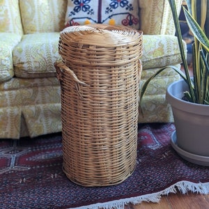 tall woven wicker basket with lid | rustic boho bohemian farmhouse country laundry craft fabric storage basket