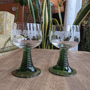 set of two (2) floral engraved green ribbed stemmed small wine glasses | vintage mid-century cocktail glassware