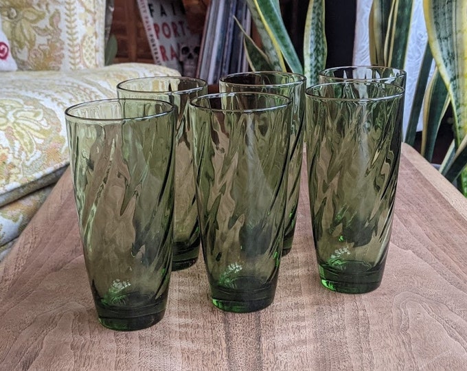 set of six (6) green tumbler drinking glasses | vintage mid-century retro kitchen glassware | continental can company