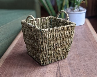 small green woven wicker basket with two handles | bohemian eclectic rustic country farmhouse office basket