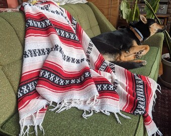 vintage red, white + black striped southwestern serape blanket with tassles | eclectic bohemian throw picnic blanket