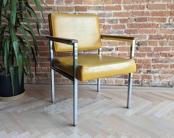 mid-century yellow vinyl accent chair | minimal retro furniture | vintage waiting room chair