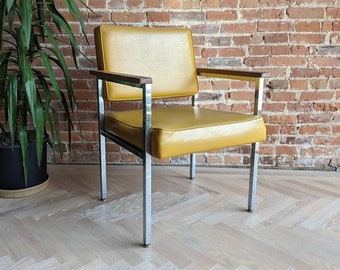 mid-century yellow vinyl accent chair | minimal retro furniture | vintage waiting room chair