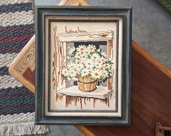 vintage framed flower embroidery | retro floral boho crochet needlepoint crewel