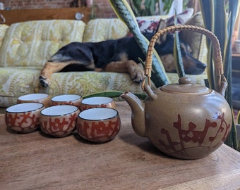 set of six (6) japanese tea cups and tea pot | vintage ceramic painted tea party set | photoshoot wedding gift
