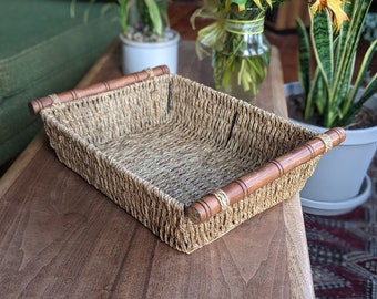 woven jute and wood handle roller rectangle basket tray | boho bohemian eclectic rustic country farmhouse wedding basket
