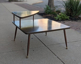 mid-century two-tiered corner formica wood table | retro eclectic bohemian minimal accent | atomic age triangle shelf table