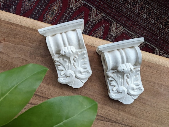 pair of crown molding curtain rod holders | ornate ceramic stone victorian decor
