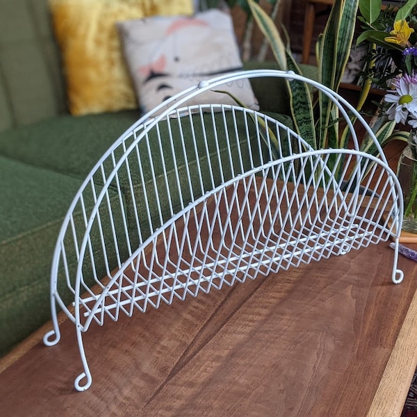 retro white metal magazine rack | minimal mid-century modern art deco vintage decor