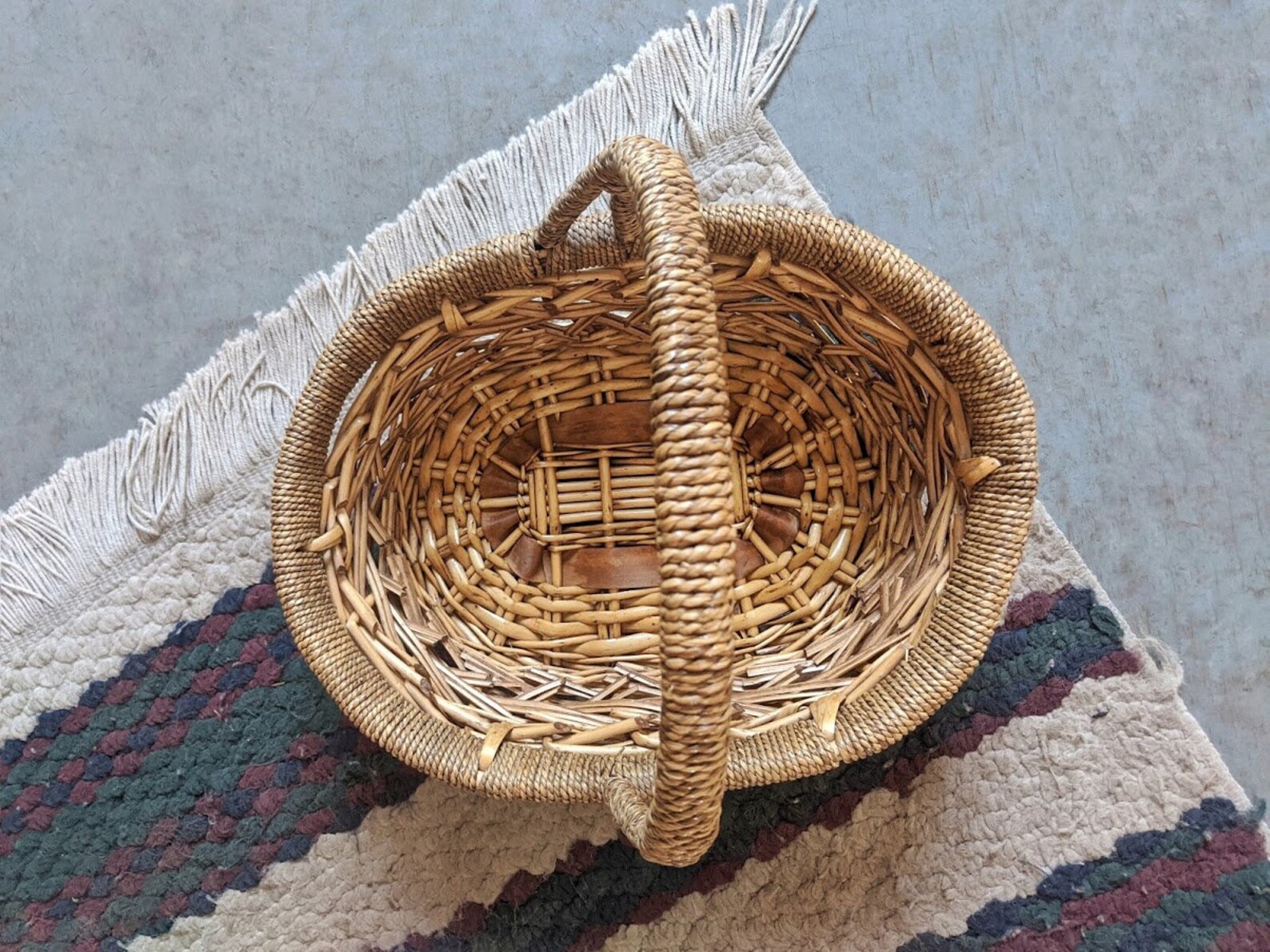 Woven Wicker Twine Rope Flower Basket With Handle Vintage Etsy