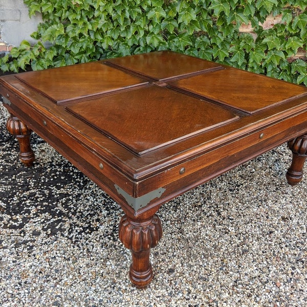 large gothic mid-century wooden square coffee table | antique medieval hardwood table