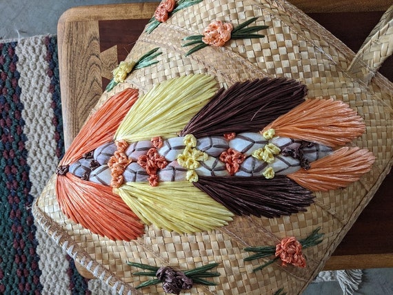 vintage woven straw wicker polynesian flower beac… - image 3