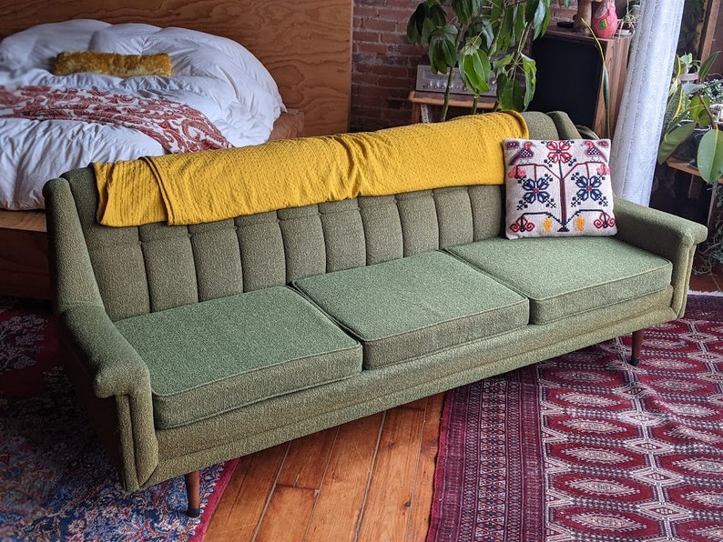 mid-century modern designer green flexsteel sofa couch vintage retro furniture image 2