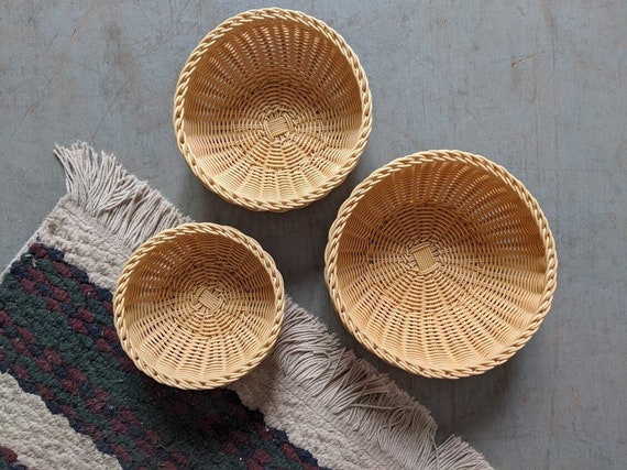 Set of Three Stackable Wicker Baskets Light Natural Woven Rattan Basket Bowl Set Etsy UK