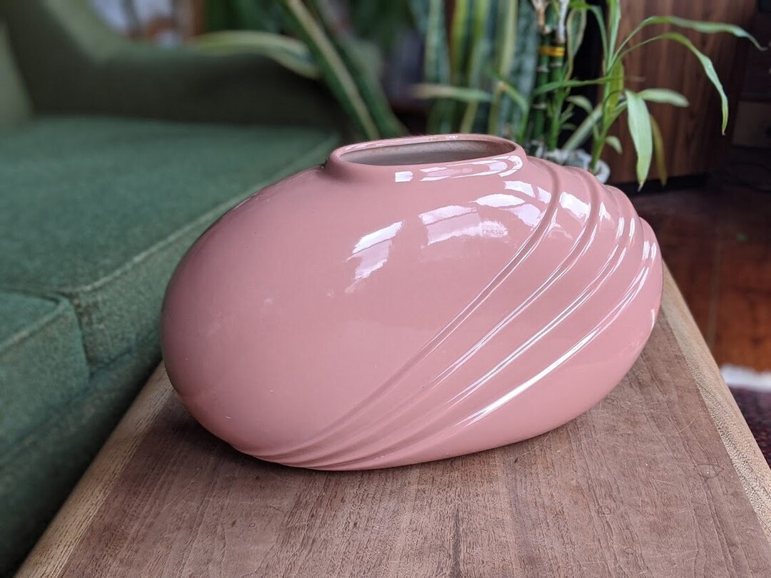 Pink Art Deco Flower Vase Midcentury Scalloped Long Ceramic Etsy