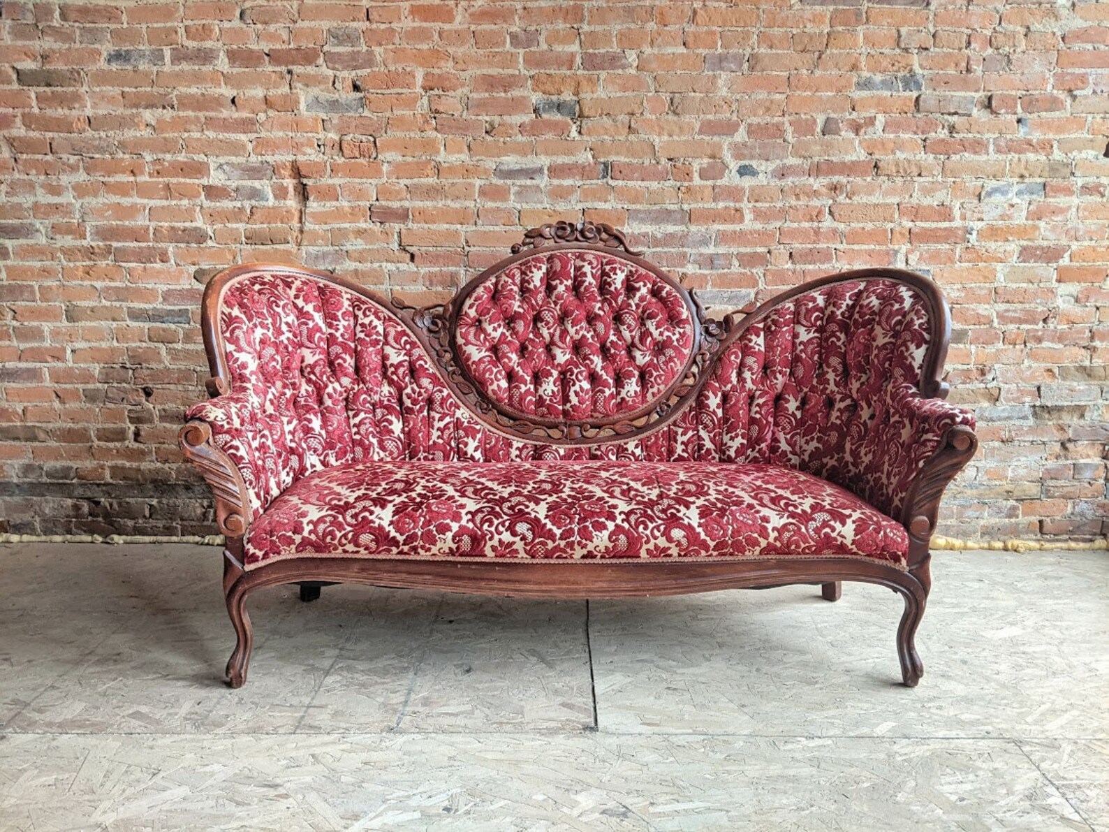 Vintage Victorian Red Velvet Floral Loveseat Sofa Antique Etsy UK