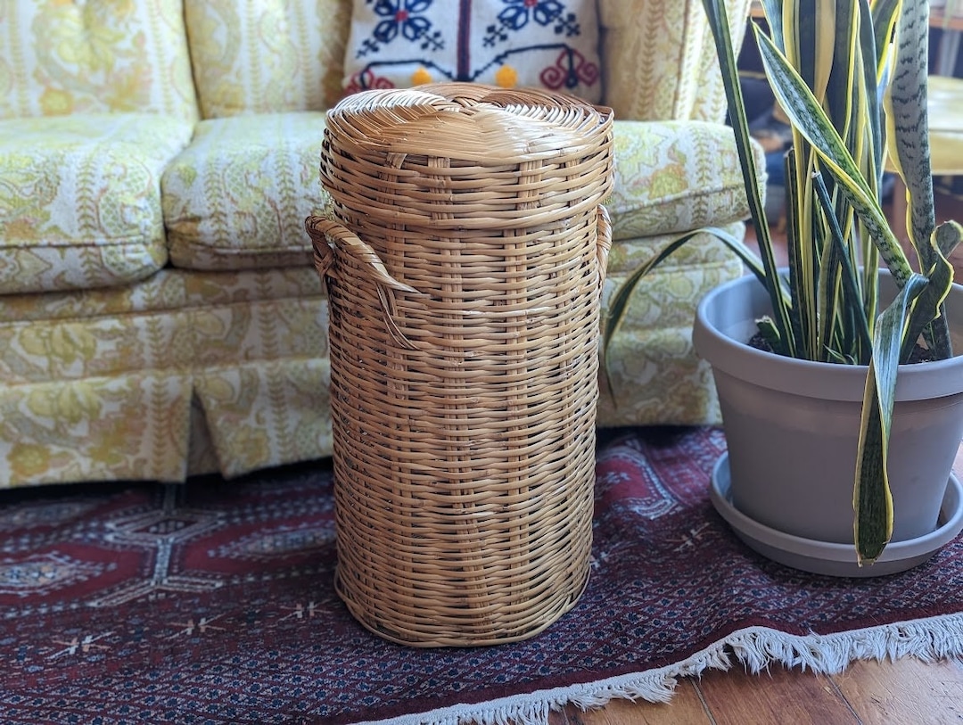 Tall Woven Wicker Basket With Lid Rustic Boho Bohemian Farmhouse Country Laundry Craft Fabric Storage Basket Etsy