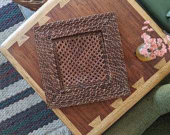 woven wicker decorative coffee table square tray | eclectic bohemian trivet cane