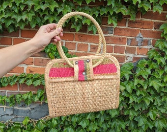 pink + green + blue wicker rattan purse | boho tropical beach hand bag