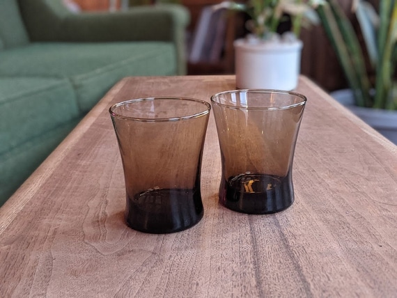 Pair of Two Tawny Brown Smoke Cocktail Drinking Glasses Boho Eclectic  Mid-century Glassware 