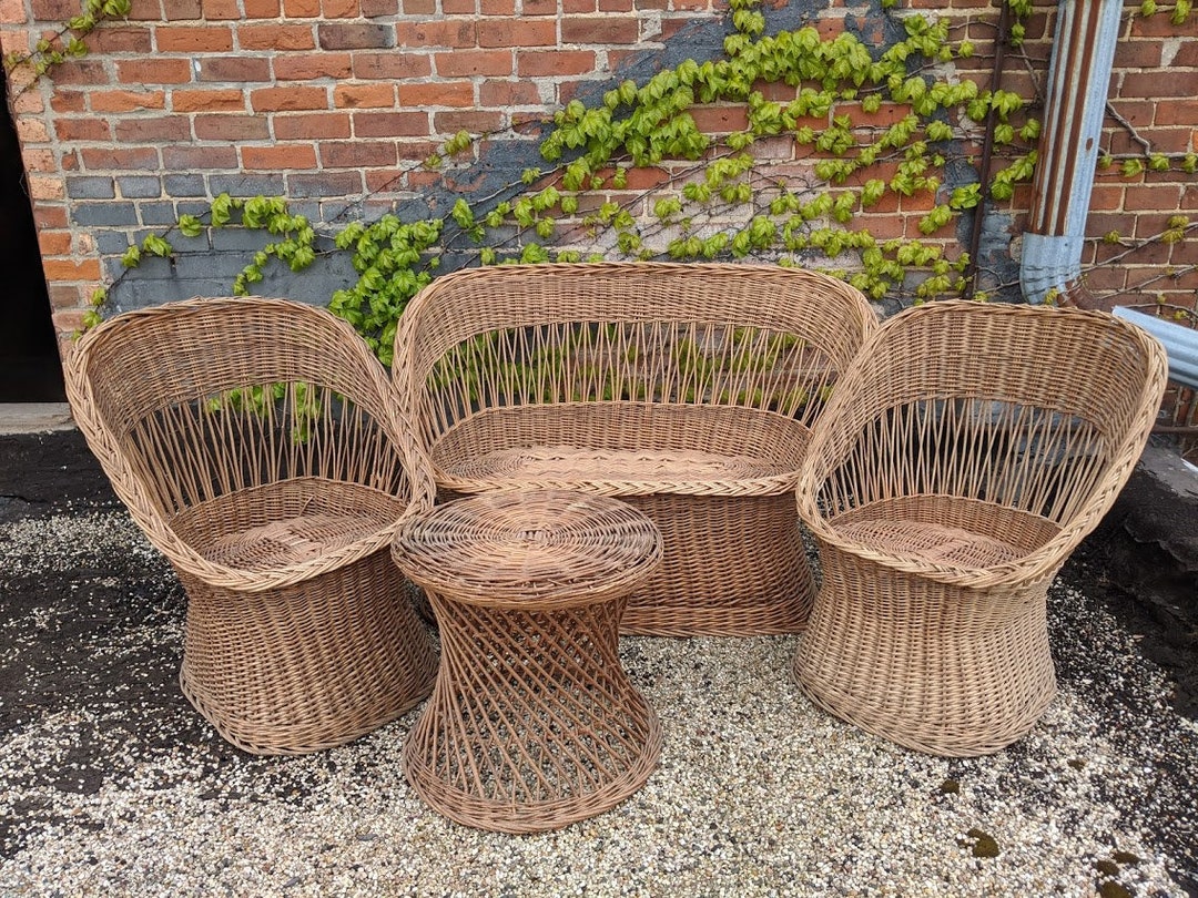 Four 4 Piece Vintage Wicker Outdoor Patio Set Boho Wicker Loveseat Sofa